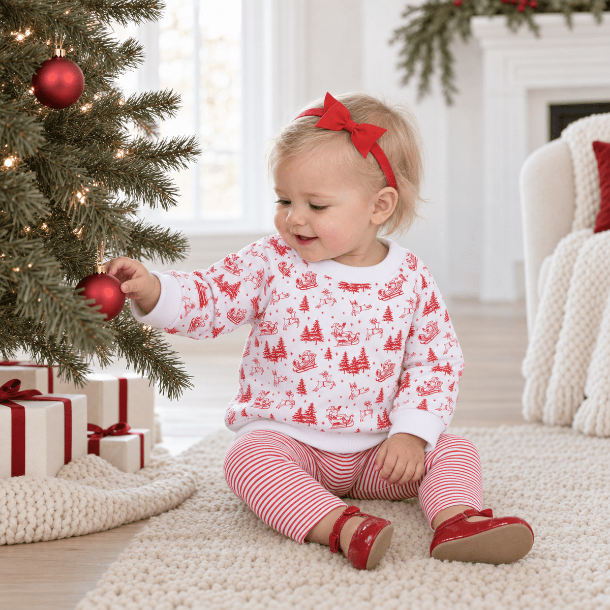 Magnolia Baby_Girl Playwear Set - Red Holiday Toile Sweatshirt & Leggings_2