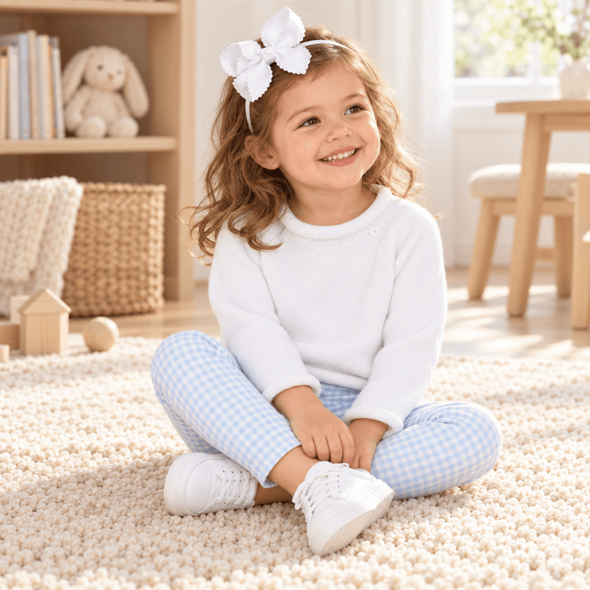 Magnolia Baby_Girl Playwear Set - White Raglan Sweater + Blue Gingham Check Leggings_2