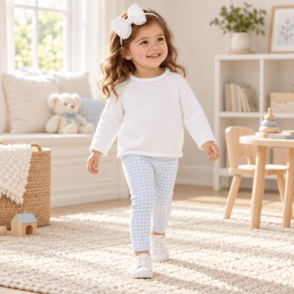 Magnolia Baby_Girl Playwear Set - White Raglan Sweater + Blue Gingham Check Leggings_1