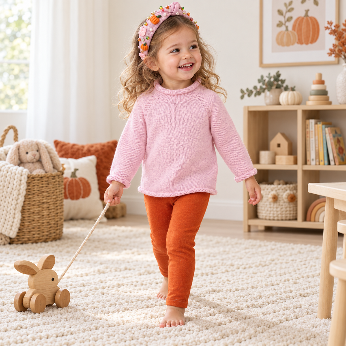 Girl Playwear Set - Pink Sweater & Pumpkin Spice Leggings