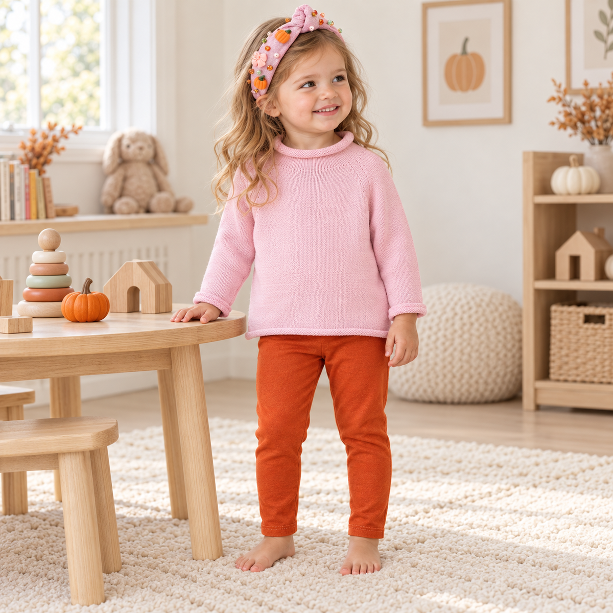 Girl Playwear Set - Pink Sweater & Pumpkin Spice Leggings
