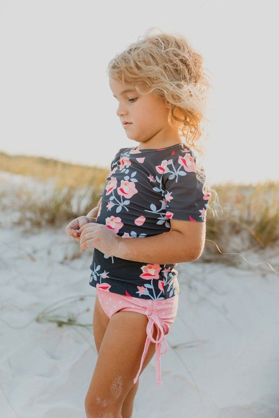 Gray & Coral Floral Pin Dot Rash Guard Set - Magnolia BabySwimwear