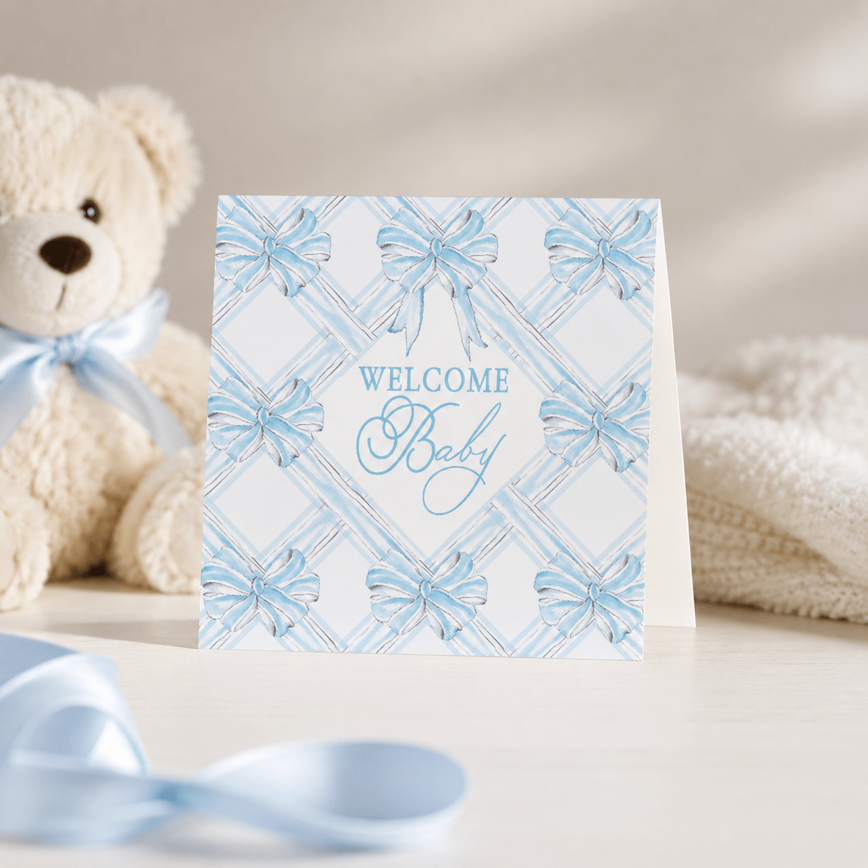 Handpainted Welcome Baby Blue Bows Enclosure Card - Magnolia BabyStationery
