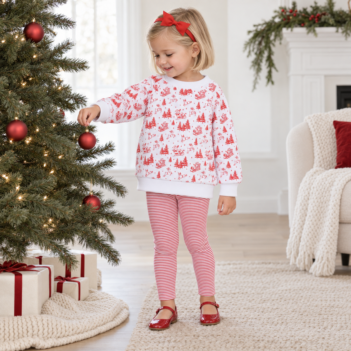 Girl Playwear Set - Red Holiday Toile Sweatshirt & Leggings