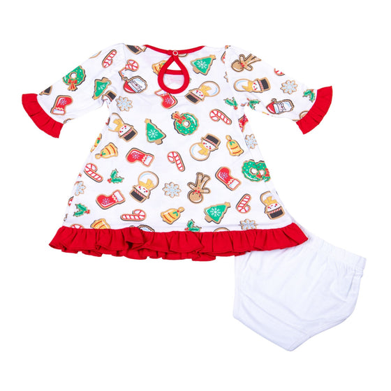 Holly Jolly Cookies Ruffle Long Sleeve Dress Set - Magnolia BabyDress