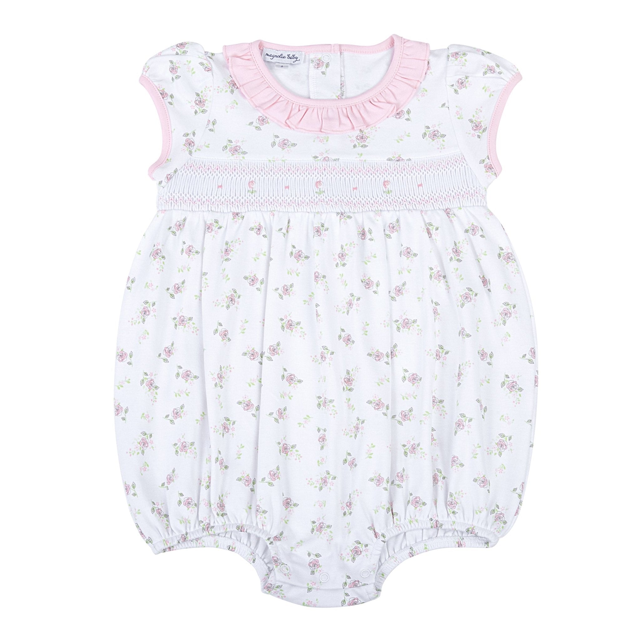 Hope's Rose Smocked Ruffle Short Sleeve Bubble - Magnolia BabyBubble