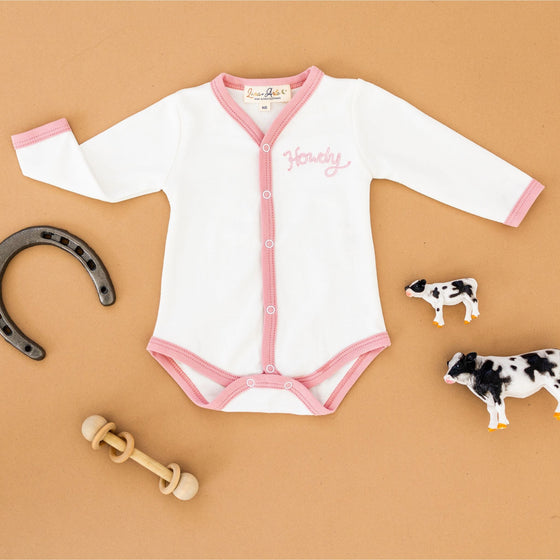 Howdy! Embroidered Front Snap Bodysuit - Dusty Rose - Magnolia BabyBodysuit