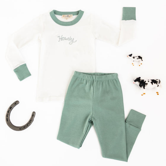 Howdy! Embroidered Long Pajamas - Moss - Magnolia BabyLong Pajamas