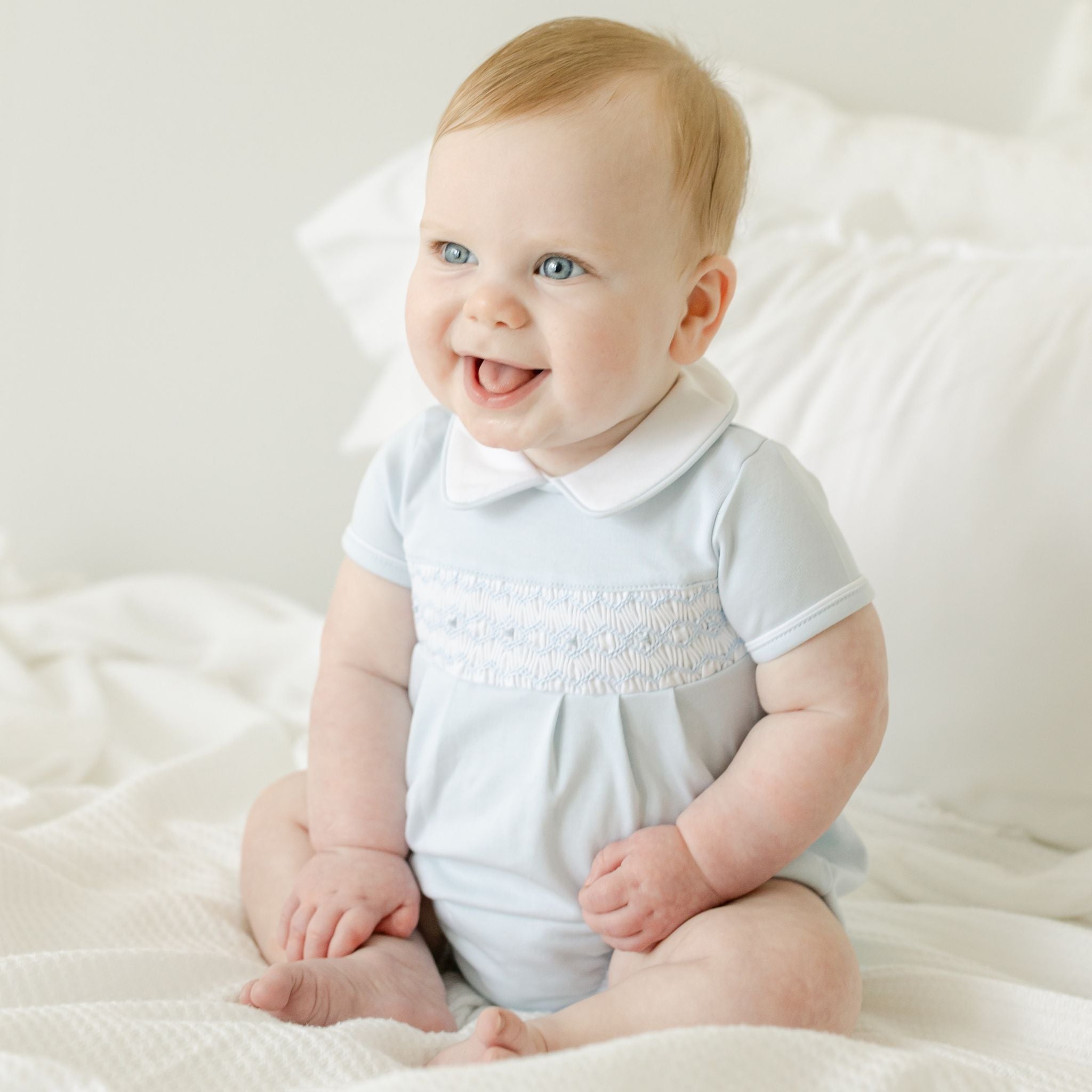 Magnolia Baby Boys Hazel and Hudson Smocked White & Blue Diaper Set