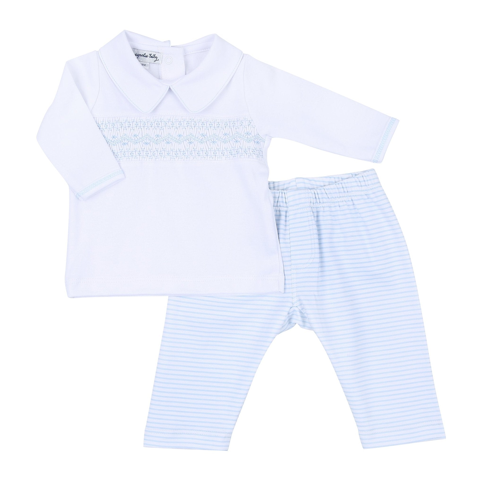 Jessica and Jack Blue Smocked Collared Long 2pc Pant Set Set - Magnolia BabyDiaper Cover