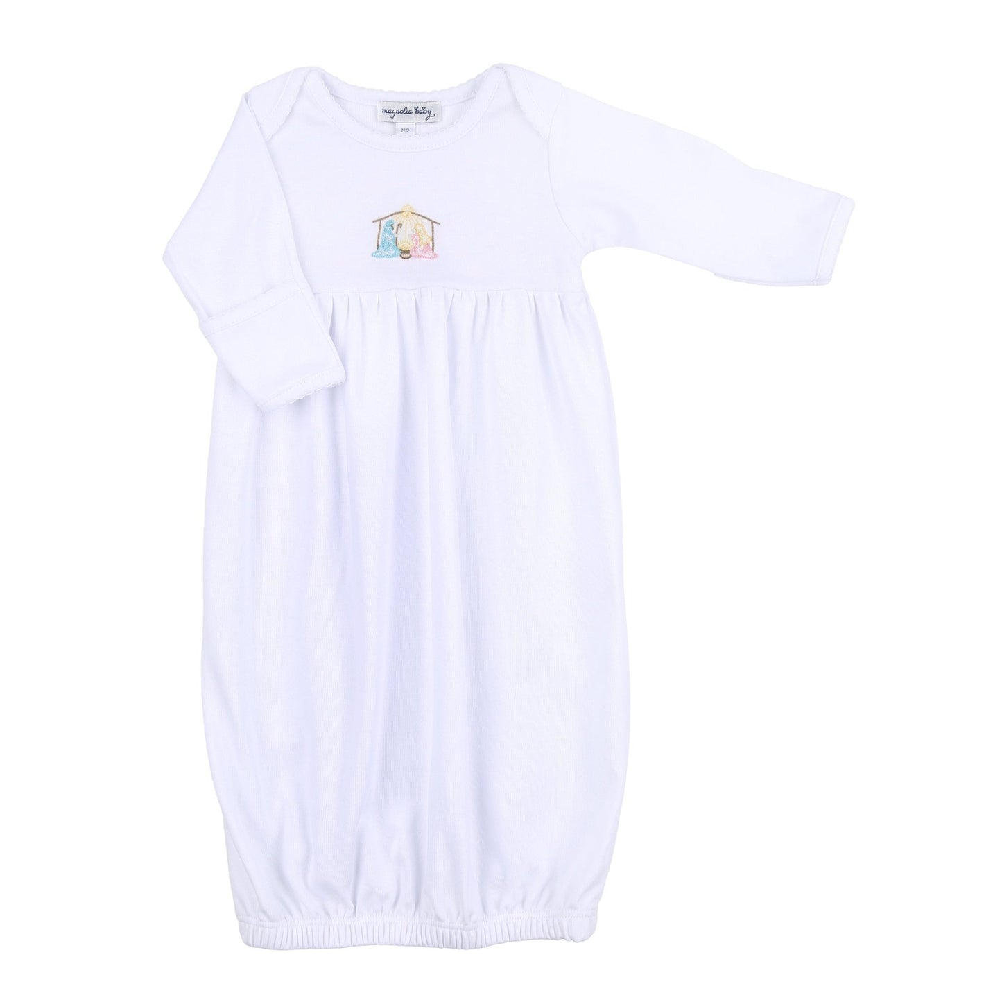 Joy to the World White Embroidered Gathered Gown - Magnolia BabyGown