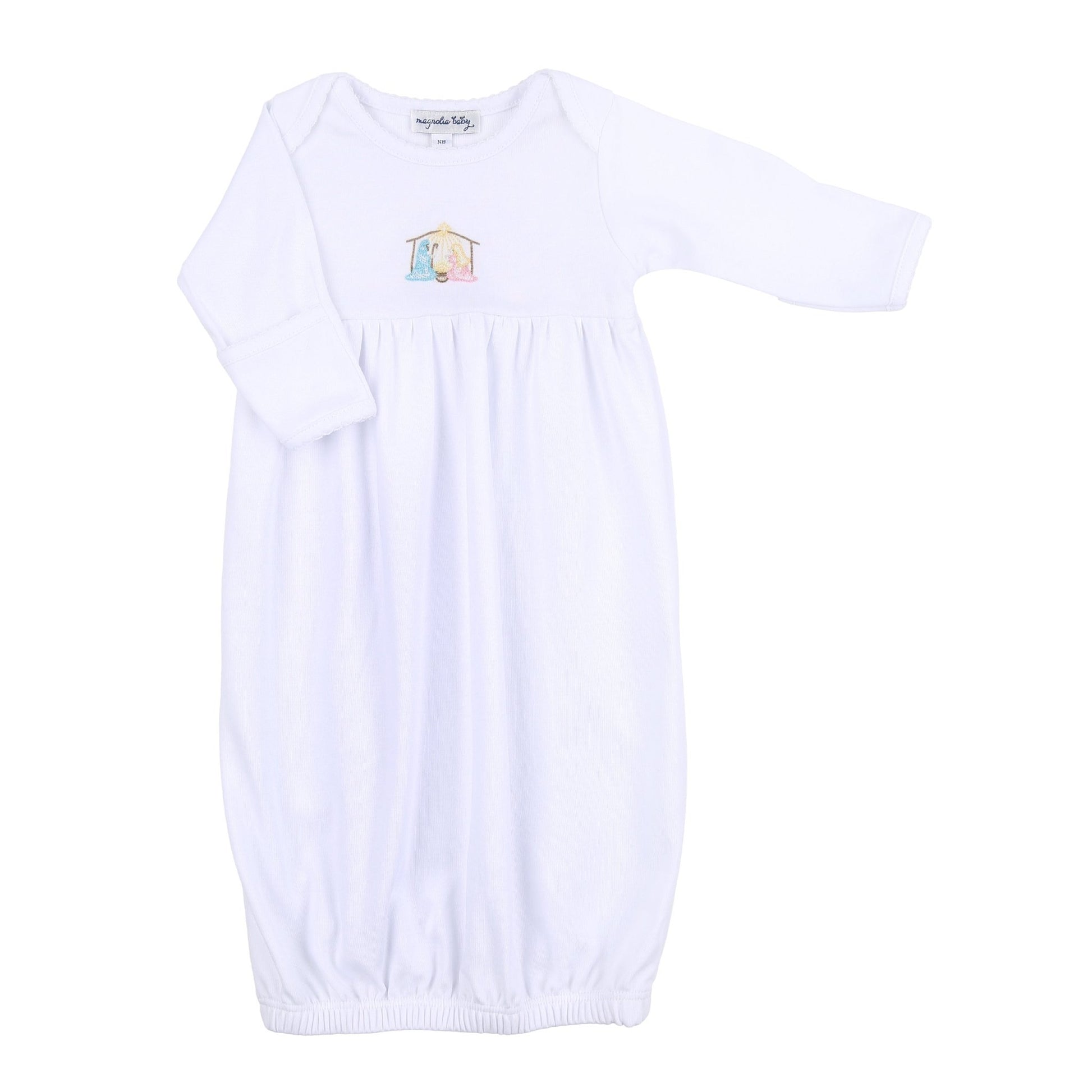 Joy to the World White Embroidered Gathered Gown - Magnolia BabyGown