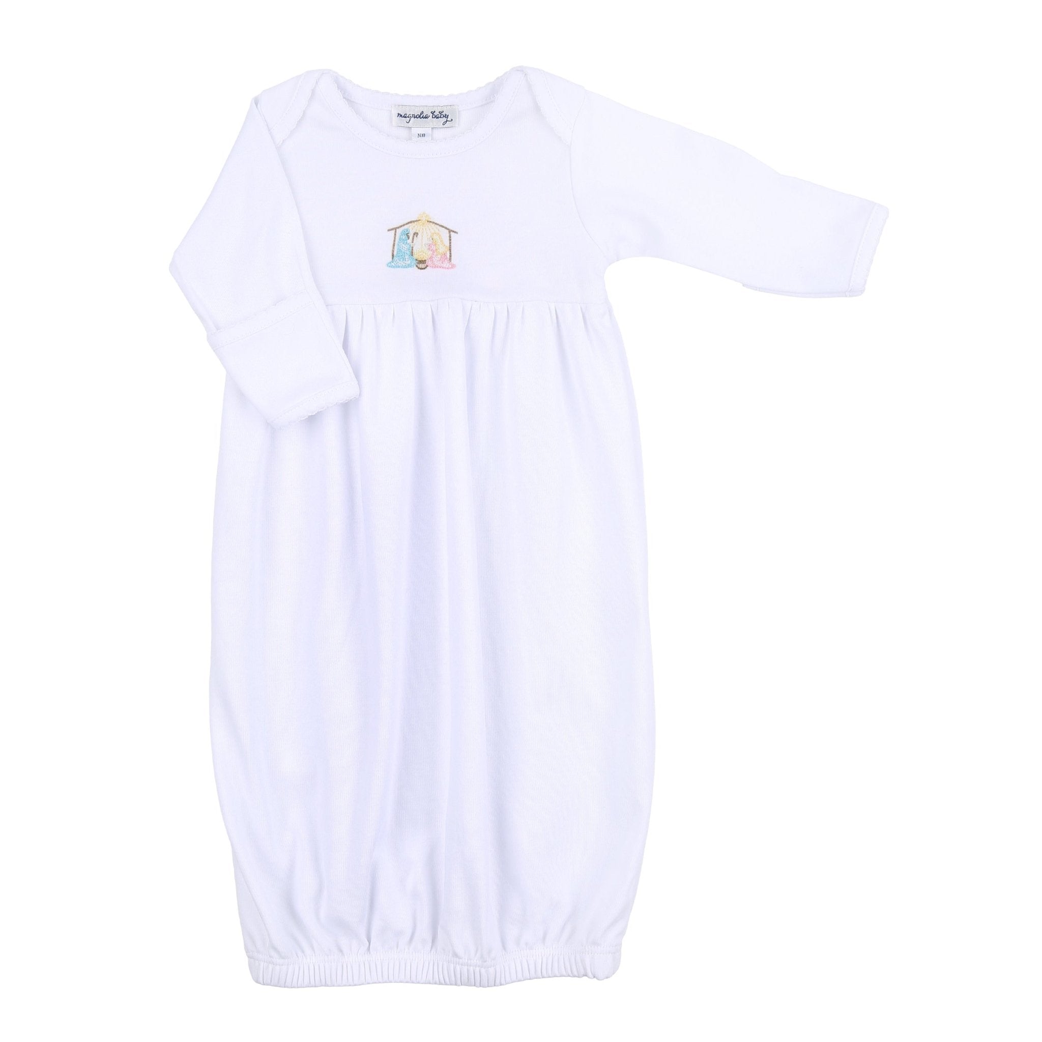 Joy to the World White Embroidered Gathered Gown - Magnolia BabyGown