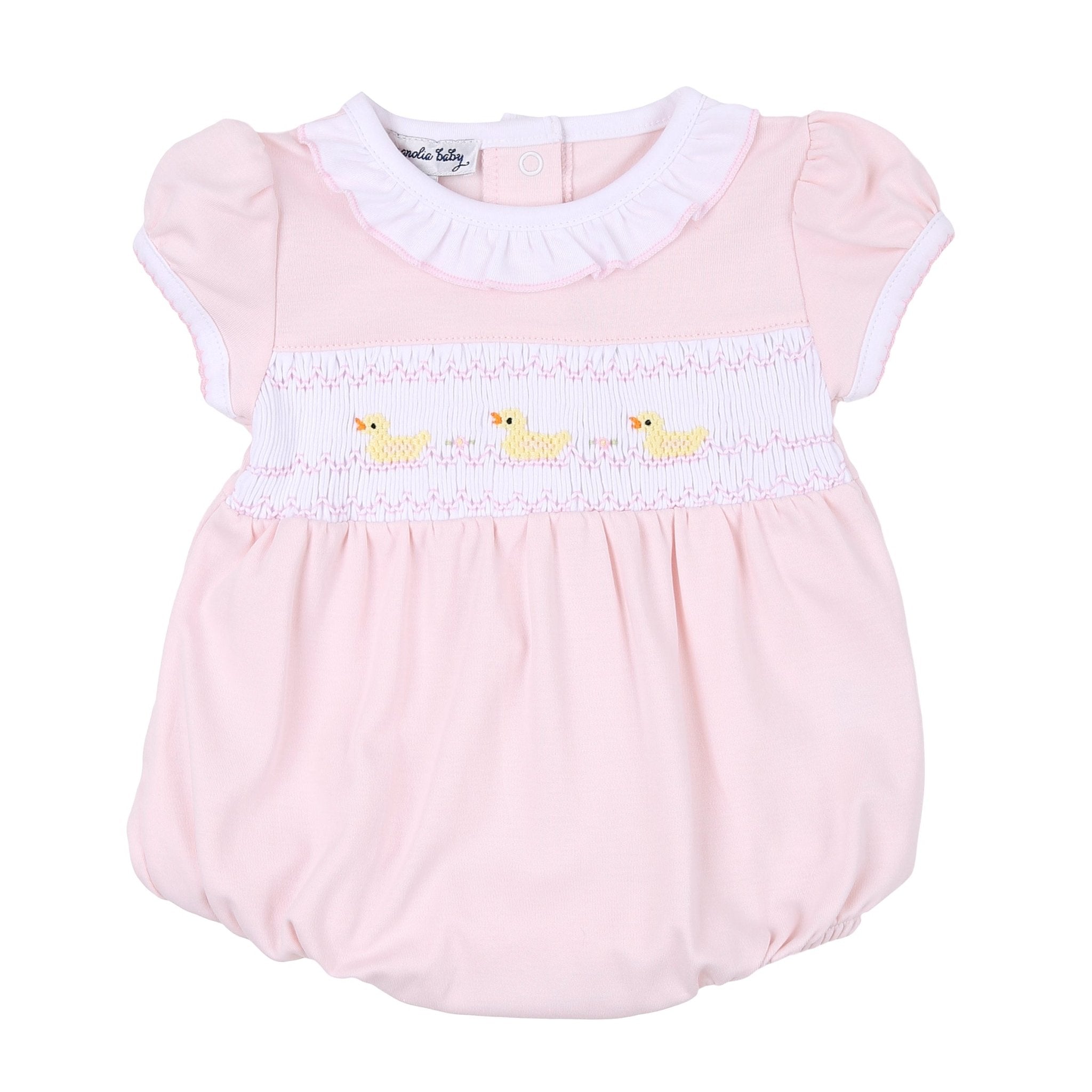 Just Ducky Classics Pink Smocked Short Sleeve Girl Bubble - Magnolia BabyBubble
