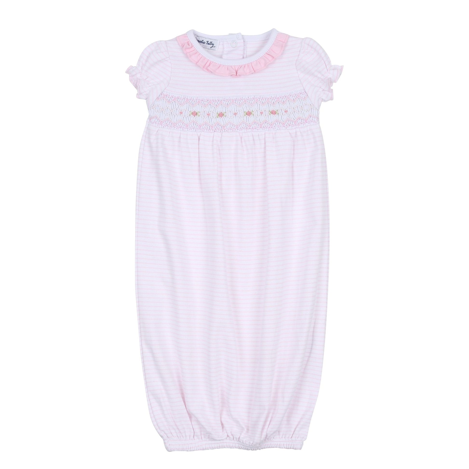 Katie & Kyle Pink Smocked Ruffle Short Sleeve Gathered Gown - Magnolia BabyGown