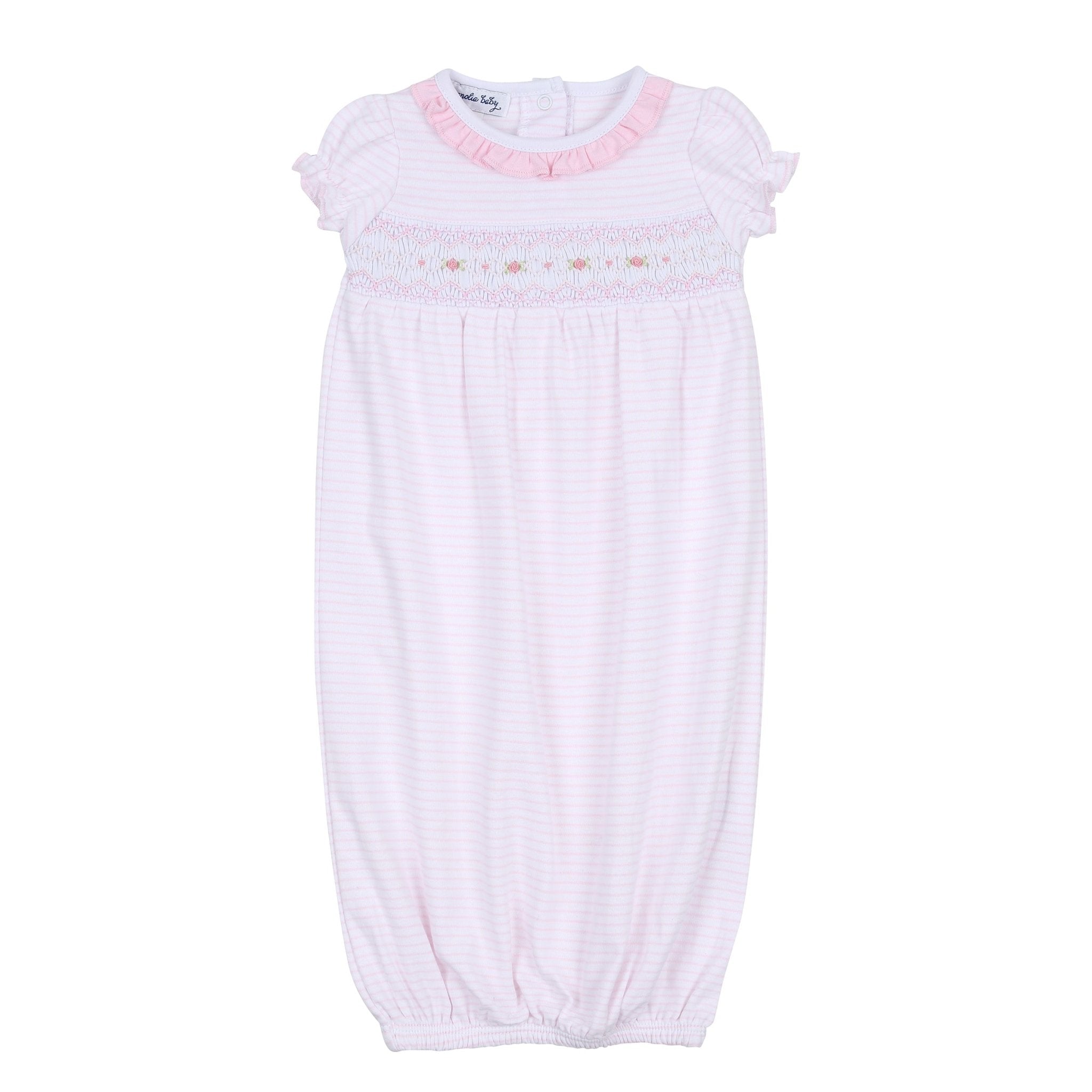 Katie & Kyle Pink Smocked Ruffle Short Sleeve Gathered Gown - Magnolia BabyGown