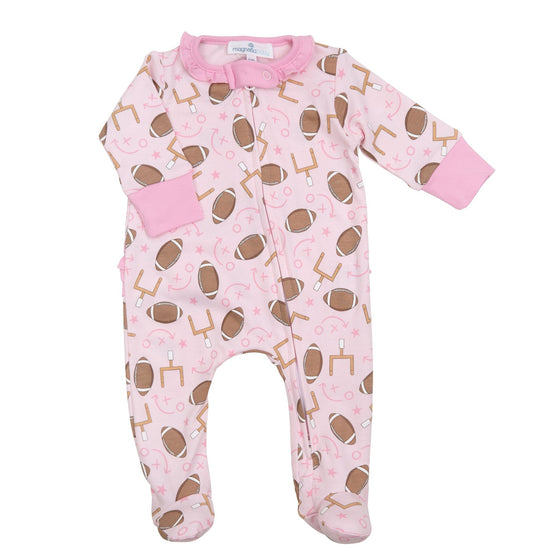 Kick Off! Print Ruffle Zip Footie - Pink - Magnolia BabyFootie