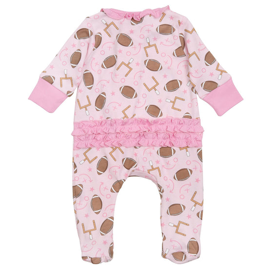 Kick Off! Print Ruffle Zip Footie - Pink - Magnolia BabyFootie