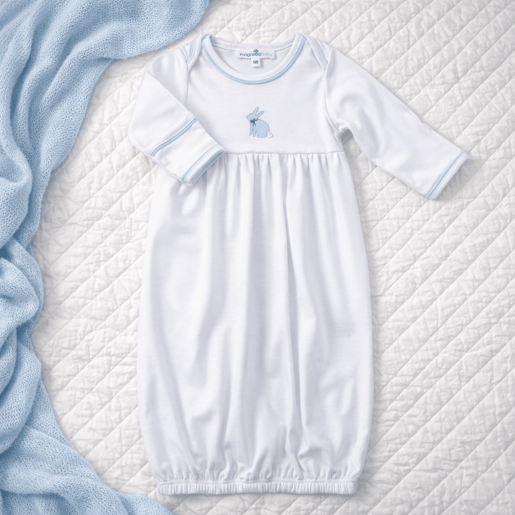 Leaping Bunnies Gathered Gown - Light Blue - Magnolia BabyGown