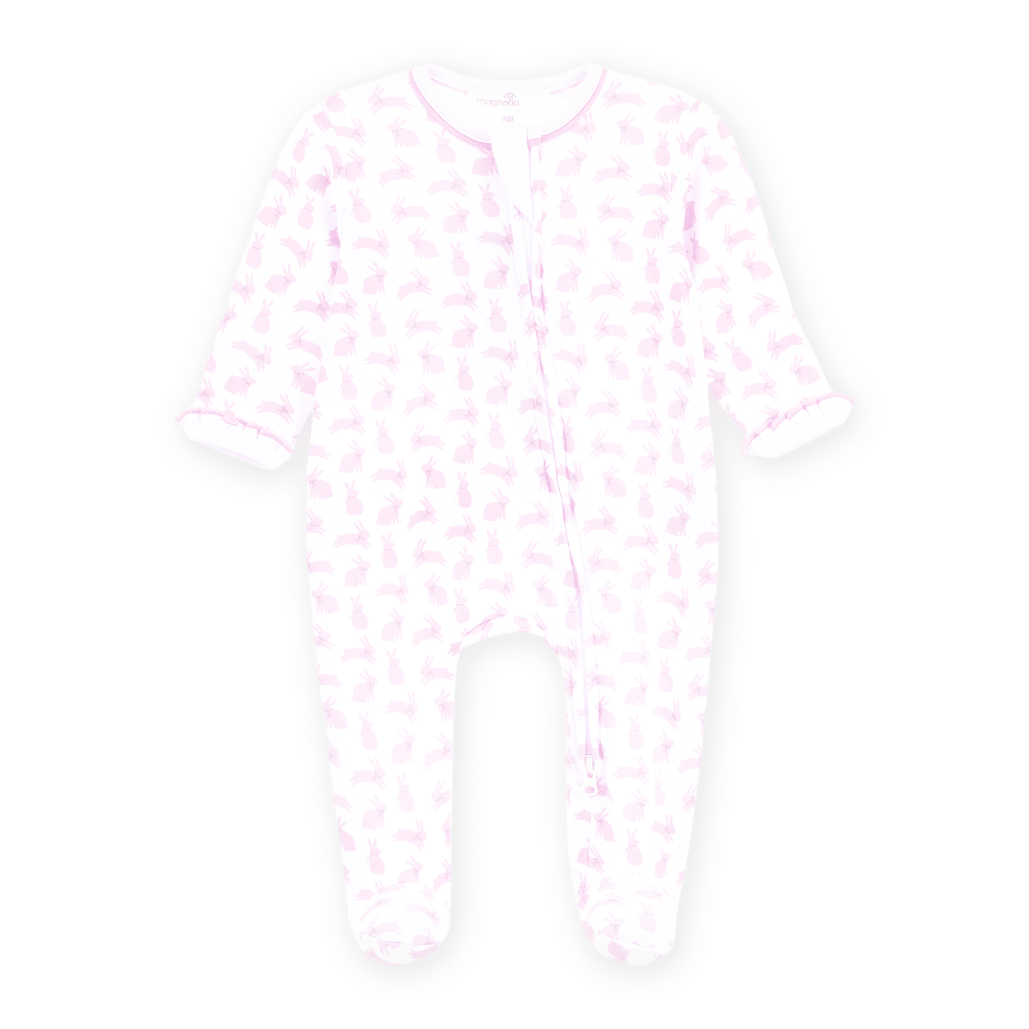Magnolia Baby_Leaping Bunnies Print Ruffle Zip Footie - Pink_1