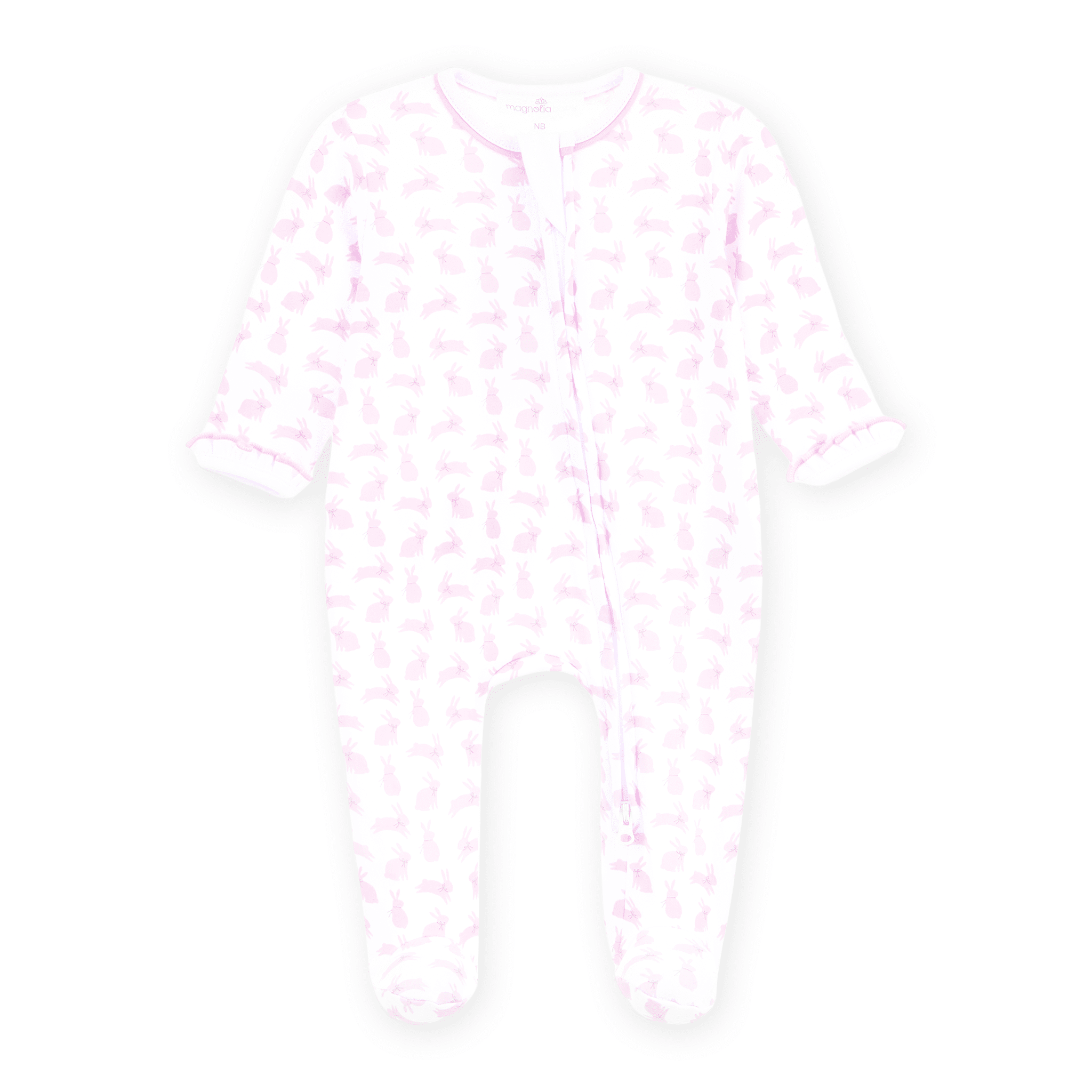 Magnolia Baby_Leaping Bunnies Print Ruffle Zip Footie - Pink_1