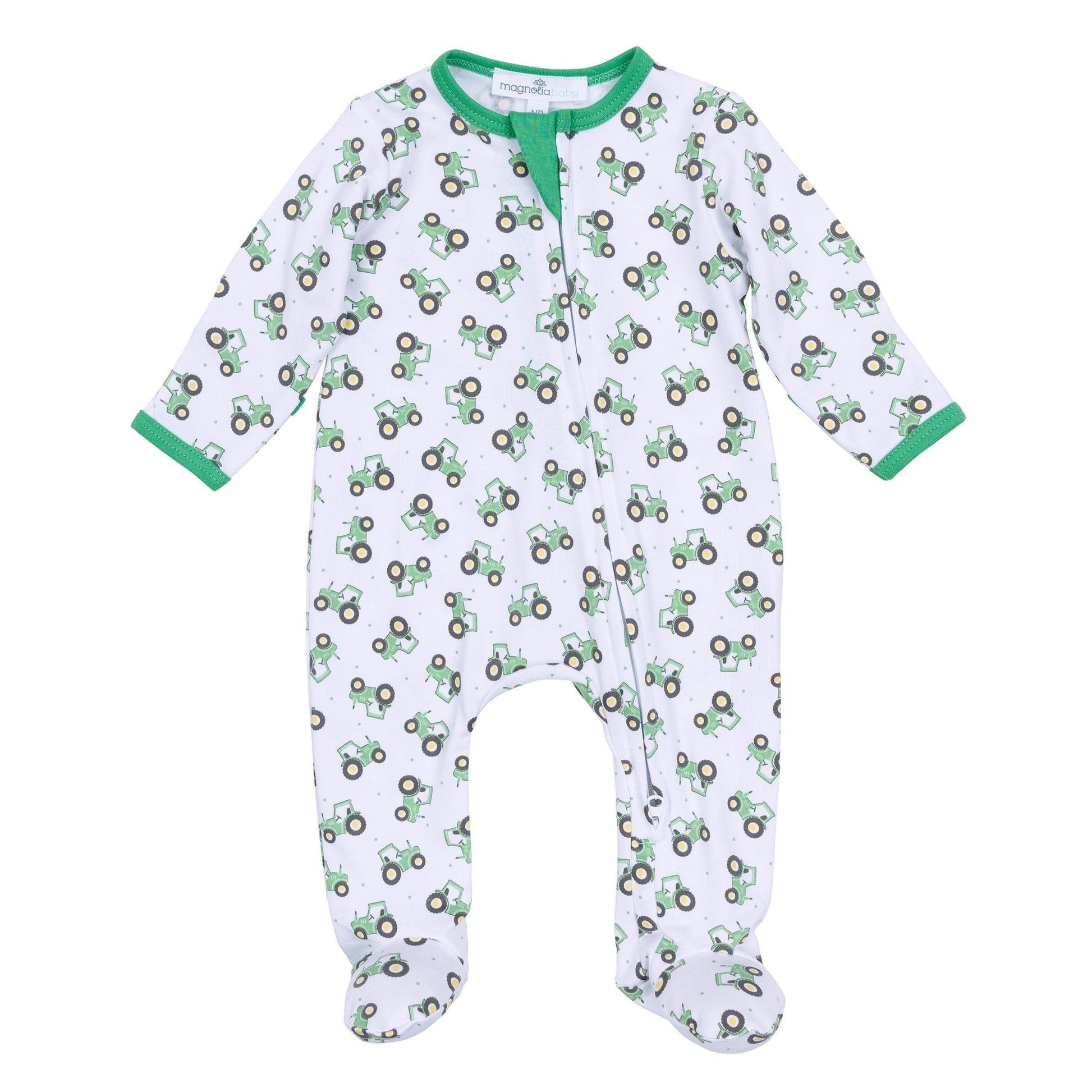Lil' Green Tractor Print Zip Footie - Magnolia BabyFootie