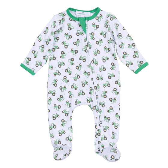 Lil' Green Tractor Print Zip Footie - Magnolia BabyFootie
