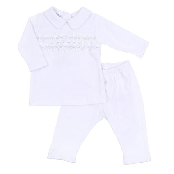 Lindsay and Luke Smocked Collared 2pc Pant Set - Blue - Magnolia BabyPant Set