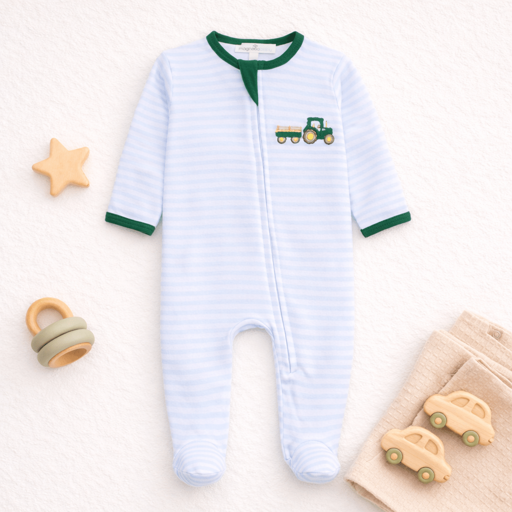 Little Farmer Applique Zip Footie - Magnolia BabyFootie