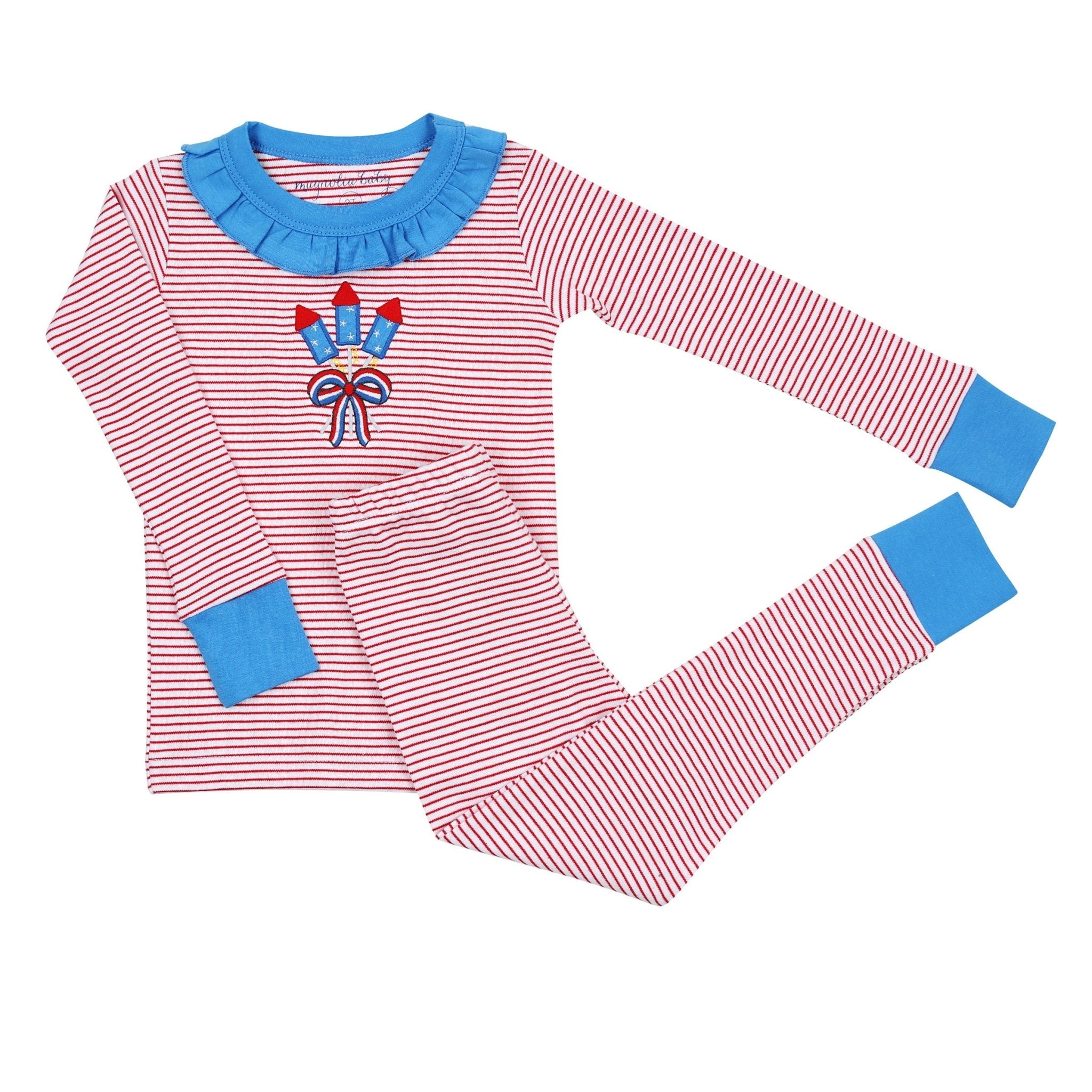 Little Firecracker Applique Ruffle Long Pajamas - Magnolia BabyLong Pajamas