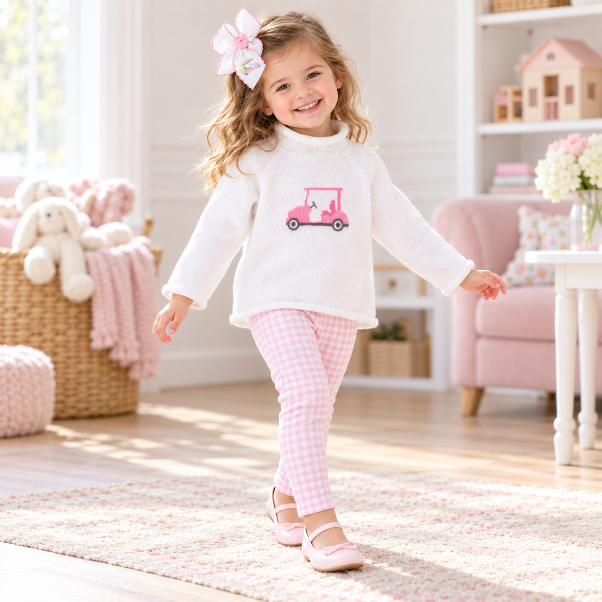 Girl Playwear Set - Little Golfer Sweater + Pink Gingham Leggings