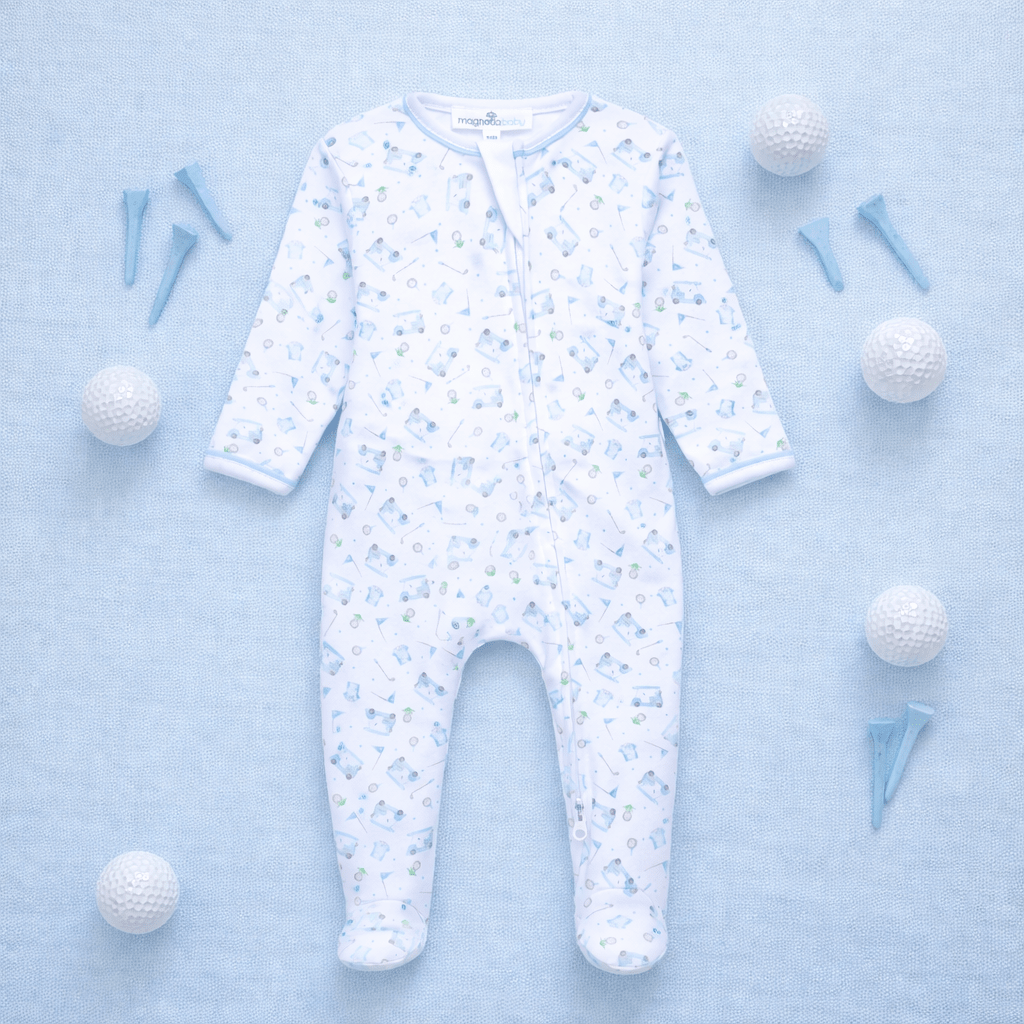 Little Golfer Print Zip Footie - Light Blue - Magnolia BabyFootie