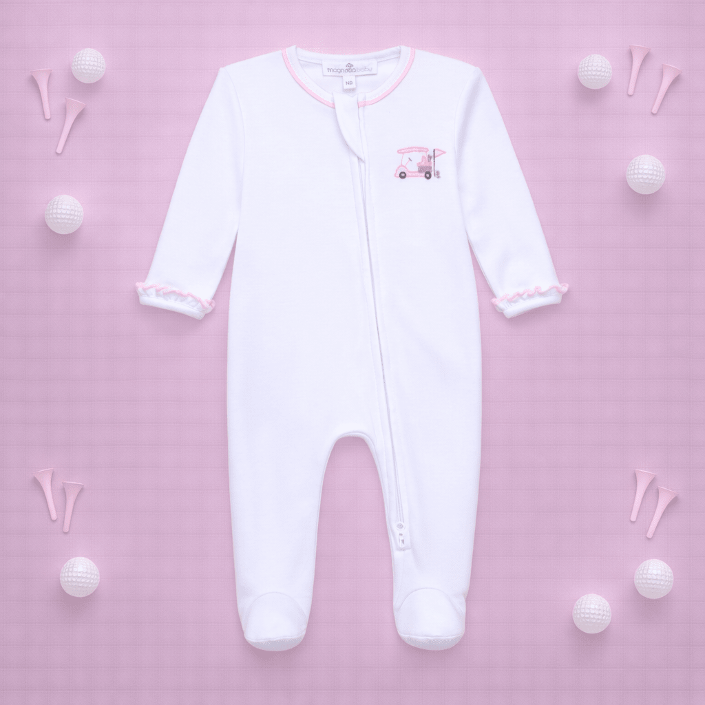 Little Golfer Ruffle Zip Footie - Pink - Magnolia BabyFootie