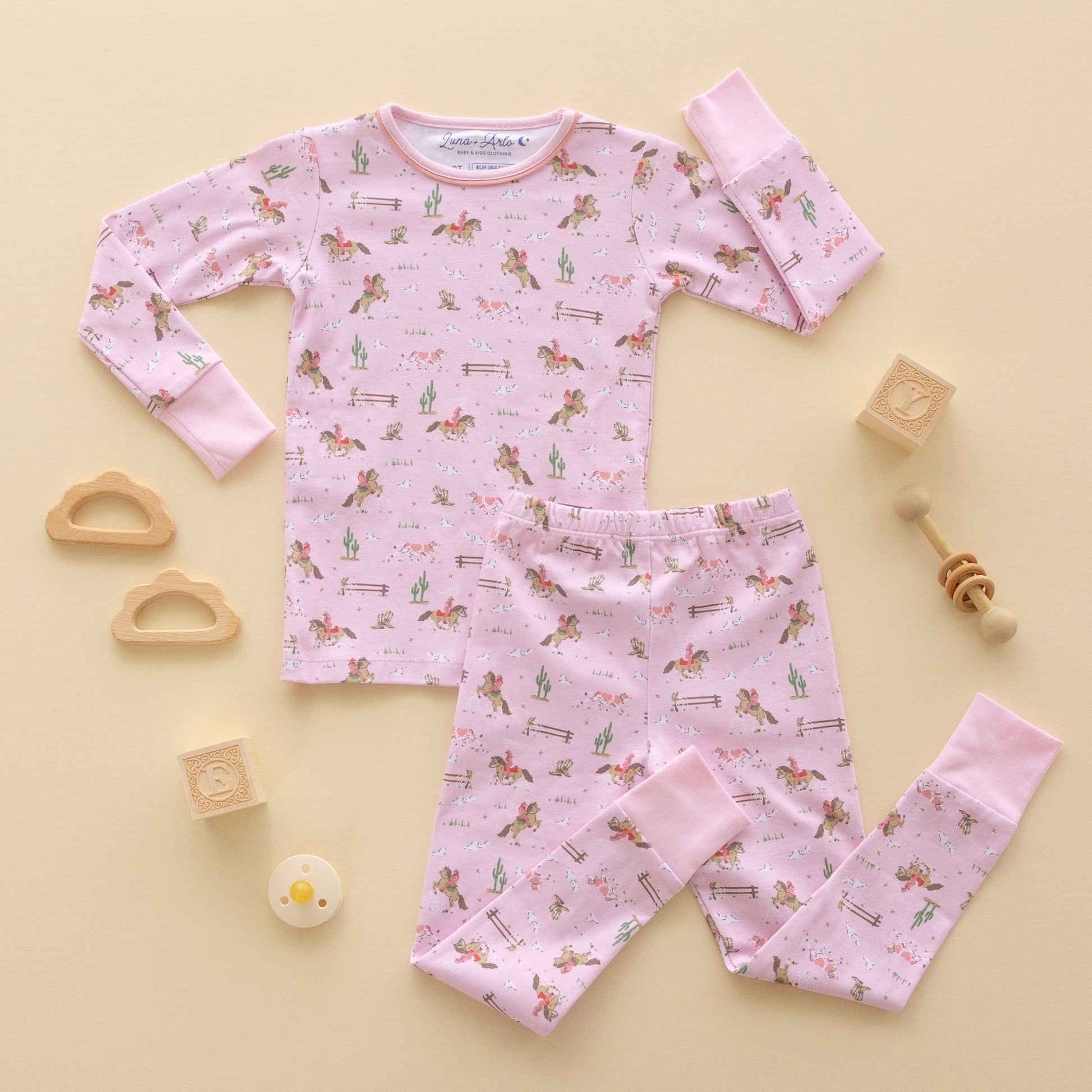 Little Wranglers Long Pajamas - Dusty Rose - Magnolia BabyLong Pajamas