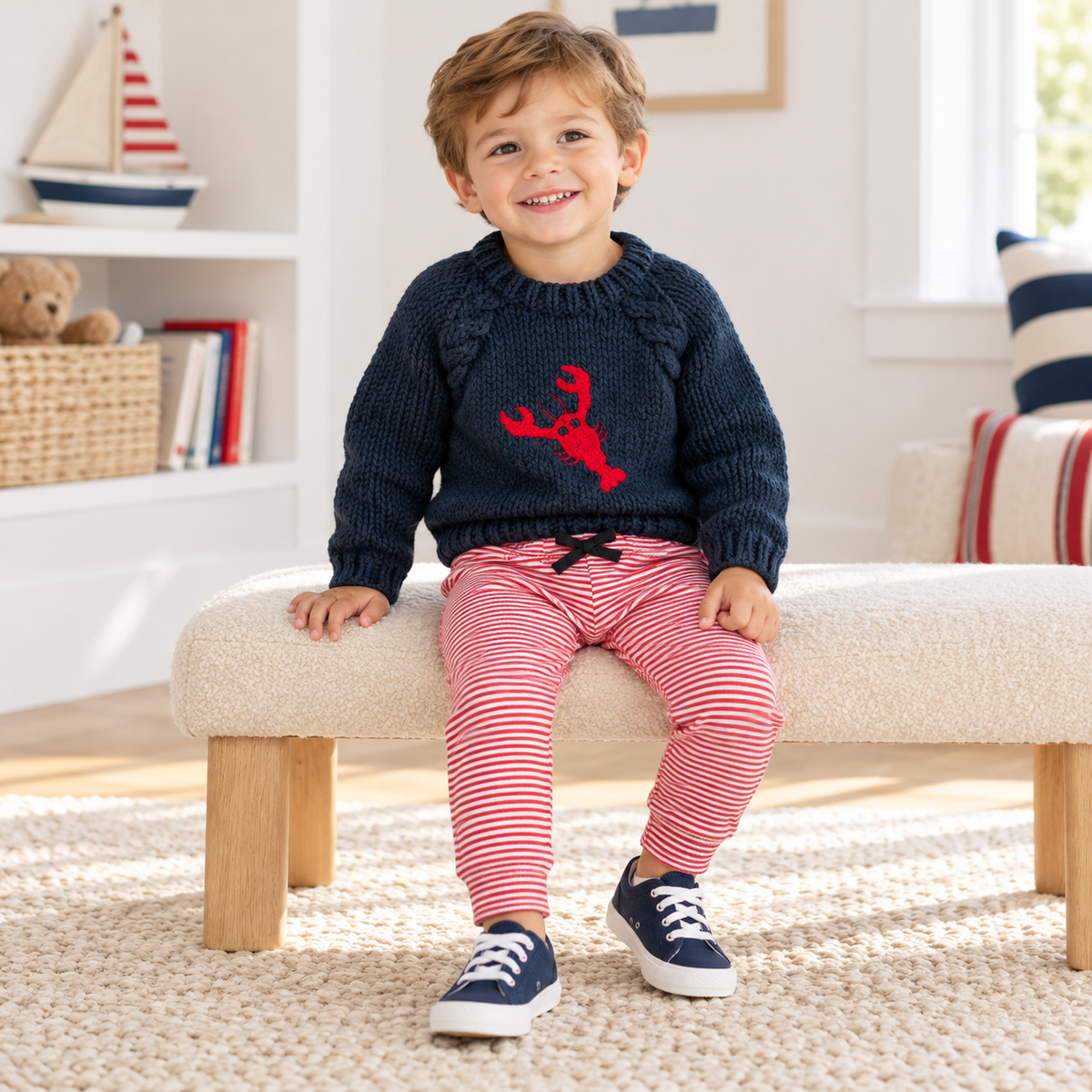 Boy Playwear Set - Lobster Sweater & Red Stripe Joggers