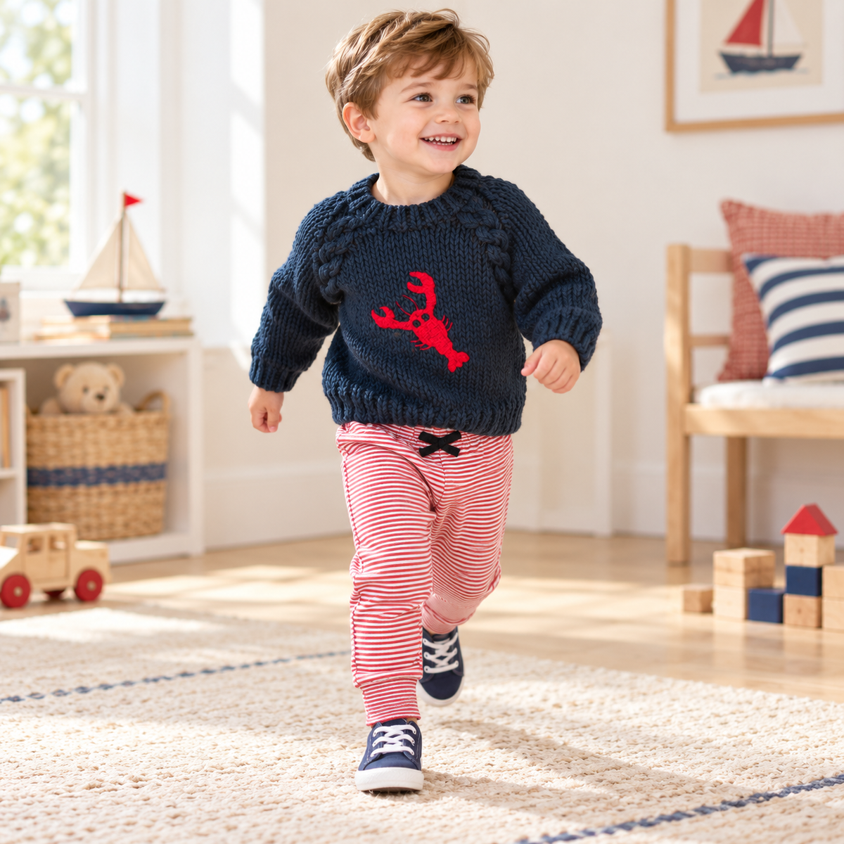 Boy Playwear Set - Lobster Sweater & Red Stripe Joggers