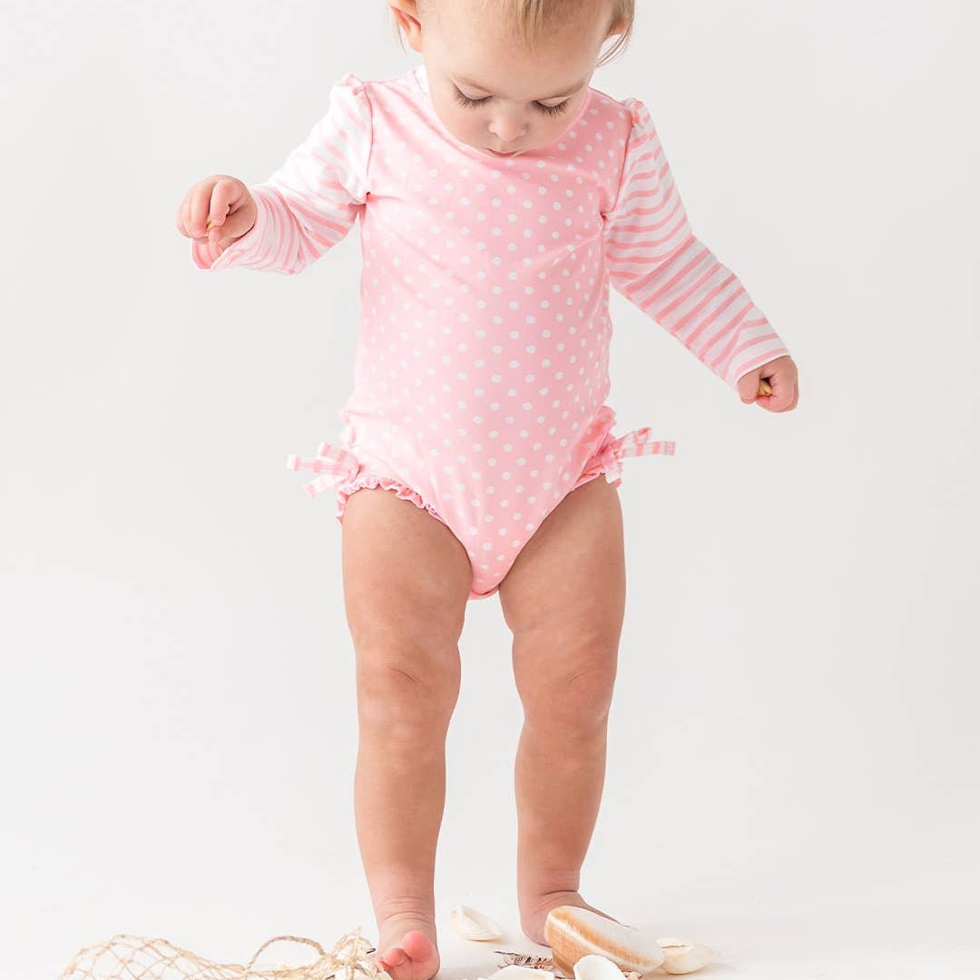 Long Sleeve One Piece Rash Guard Swimsuit - Pink Polka Dot - Magnolia BabySwimsuit