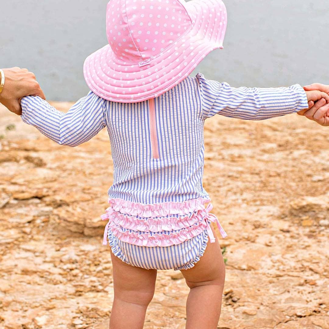 Long Sleeve Rash Guard Swimsuit with Ruffles - Periwinkle Stripes + Pink - Magnolia BabySwimsuit