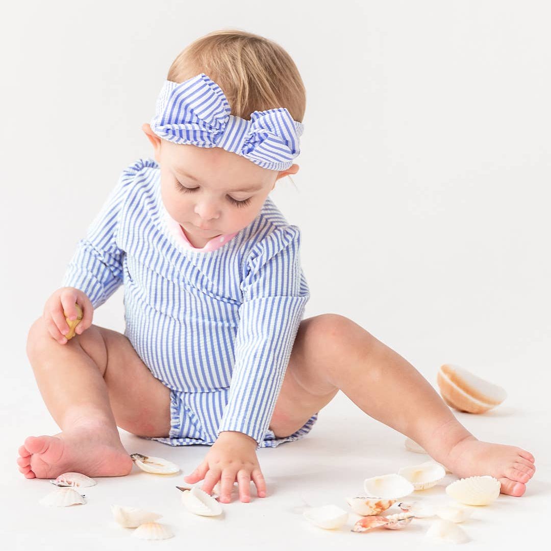 Long Sleeve Rash Guard Swimsuit with Ruffles - Periwinkle Stripes + Pink - Magnolia BabySwimsuit