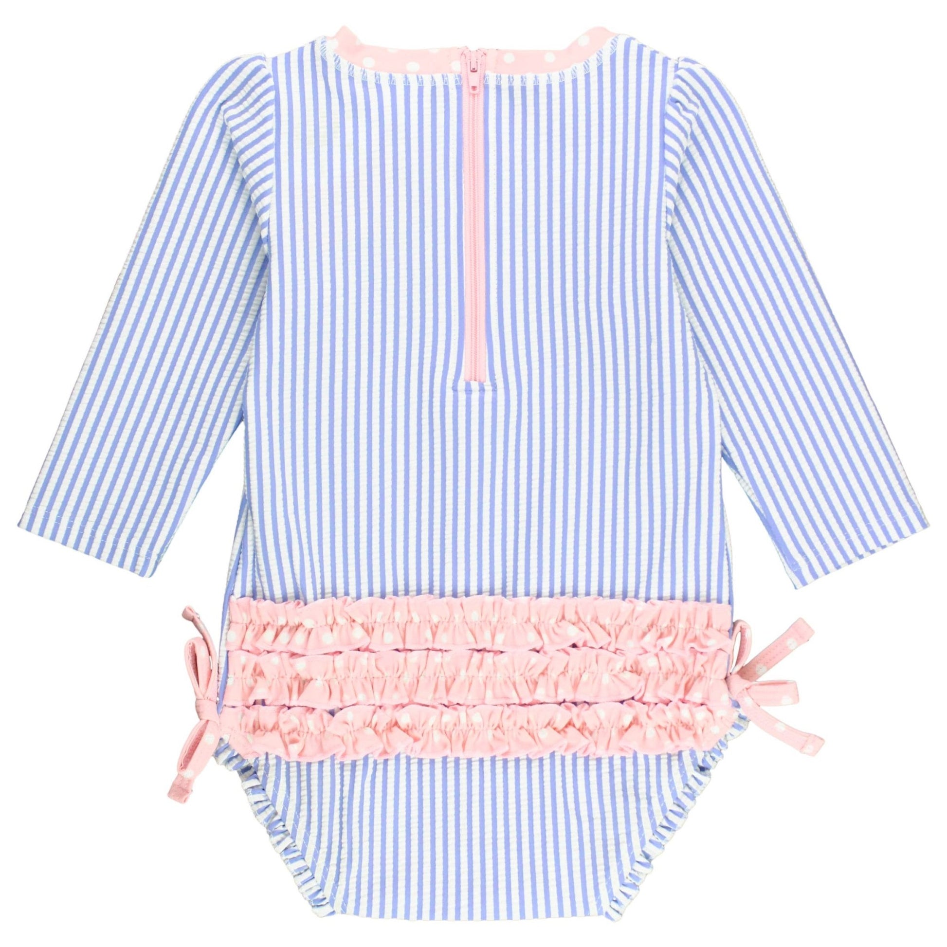 Long Sleeve Rash Guard Swimsuit with Ruffles - Periwinkle Stripes + Pink - Magnolia BabySwimsuit