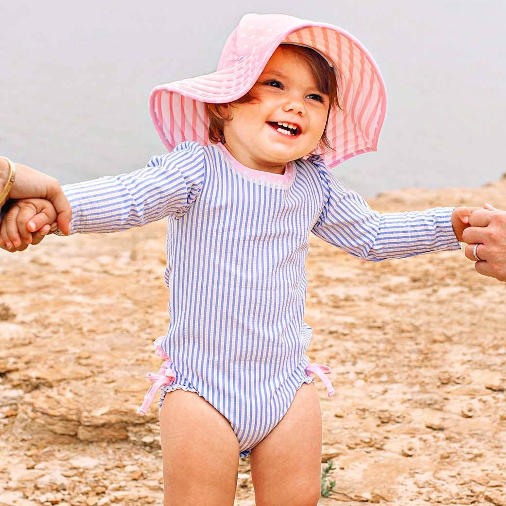 Long Sleeve Rash Guard Swimsuit with Ruffles - Periwinkle Stripes + Pink - Magnolia BabySwimsuit