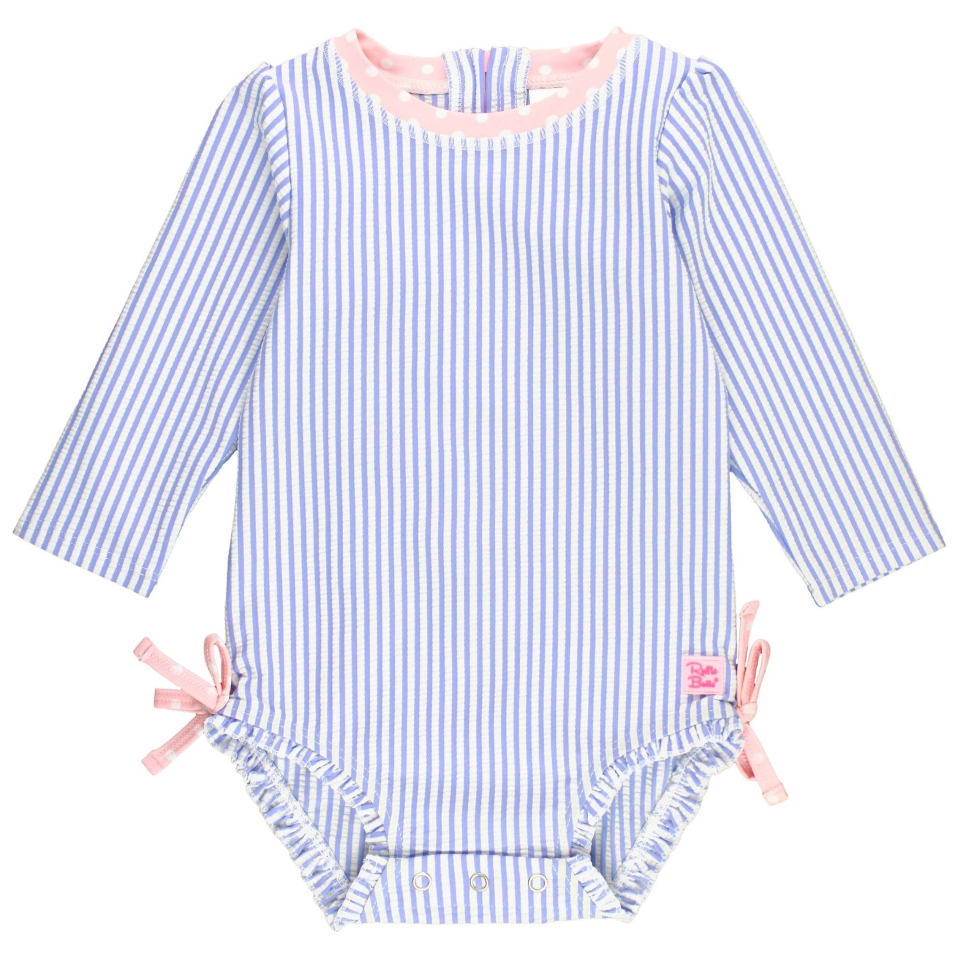 Long Sleeve Rash Guard Swimsuit with Ruffles - Periwinkle Stripes + Pink - Magnolia BabySwimsuit