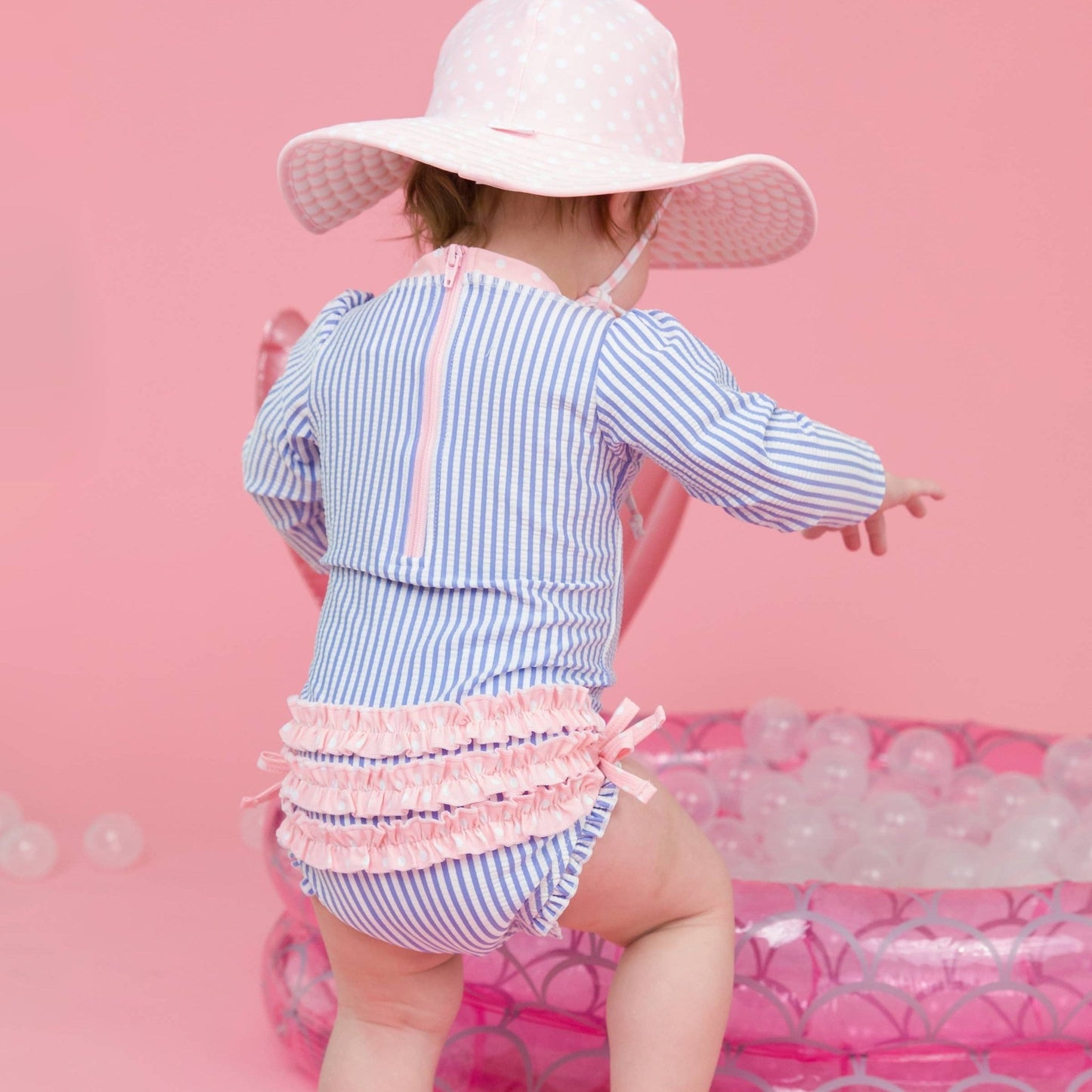 Long Sleeve Rash Guard Swimsuit with Ruffles - Periwinkle Stripes + Pink - Magnolia BabySwimsuit