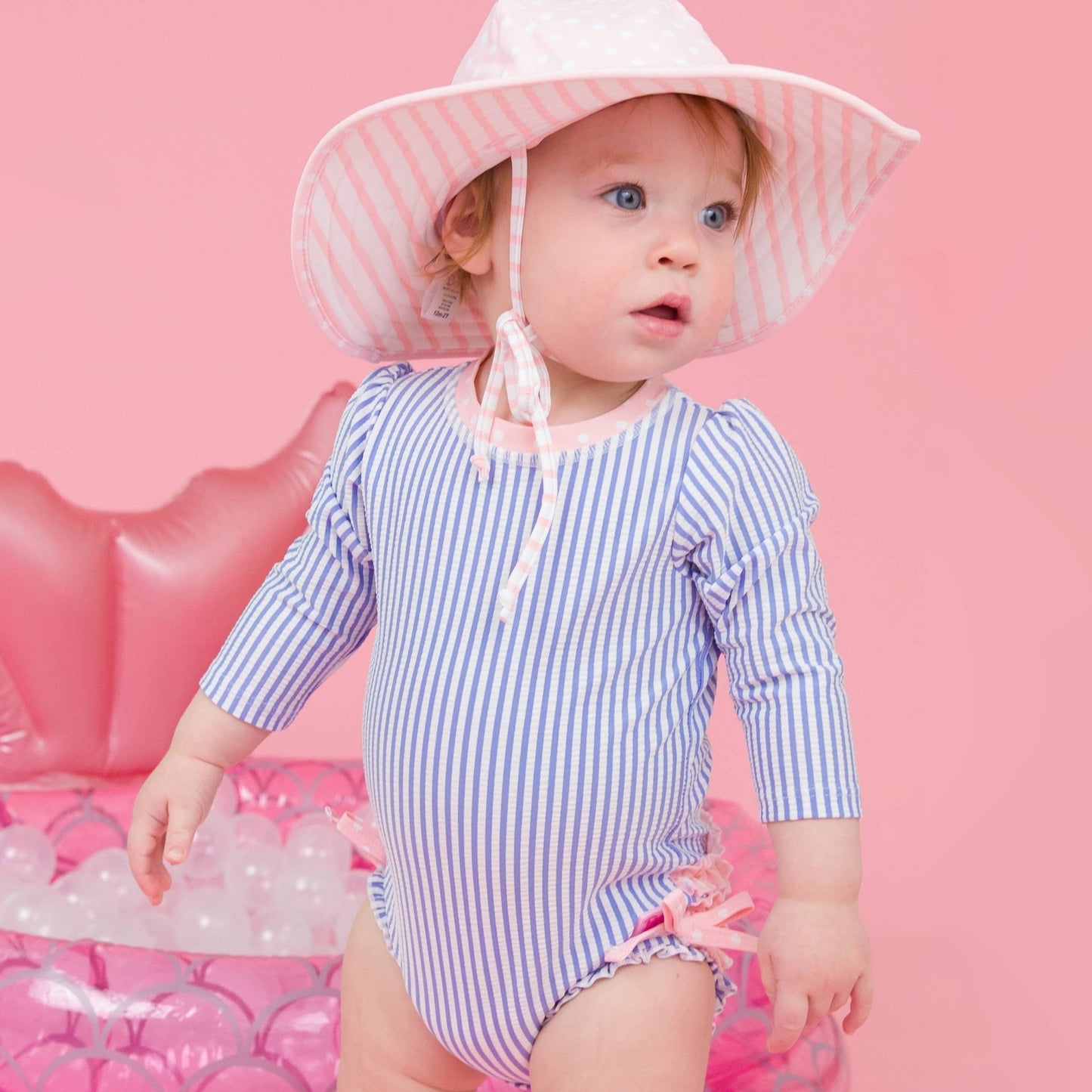 Long Sleeve Rash Guard Swimsuit with Ruffles - Periwinkle Stripes + Pink - Magnolia BabySwimsuit