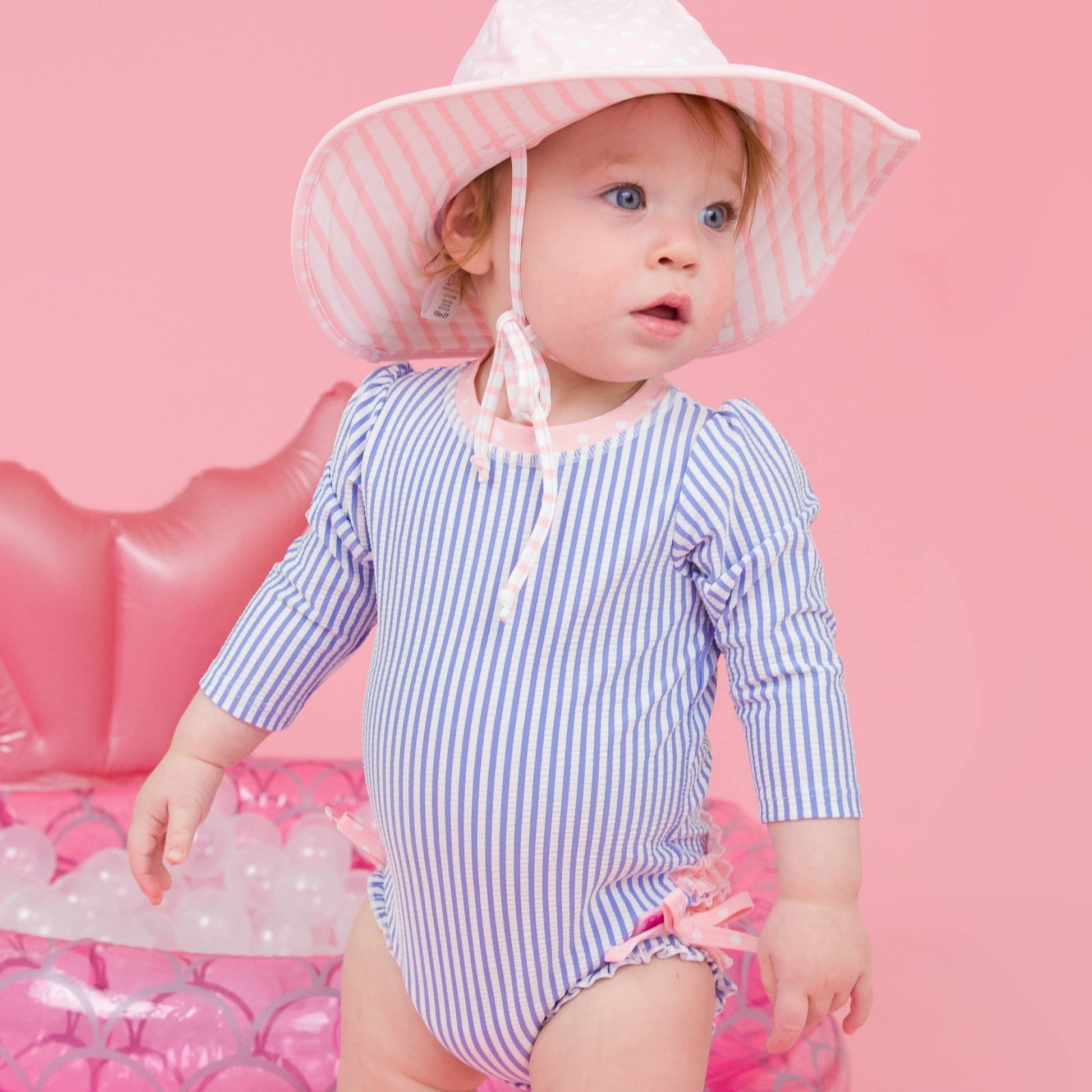 Long Sleeve Rash Guard Swimsuit with Ruffles - Periwinkle Stripes + Pink - Magnolia BabySwimsuit