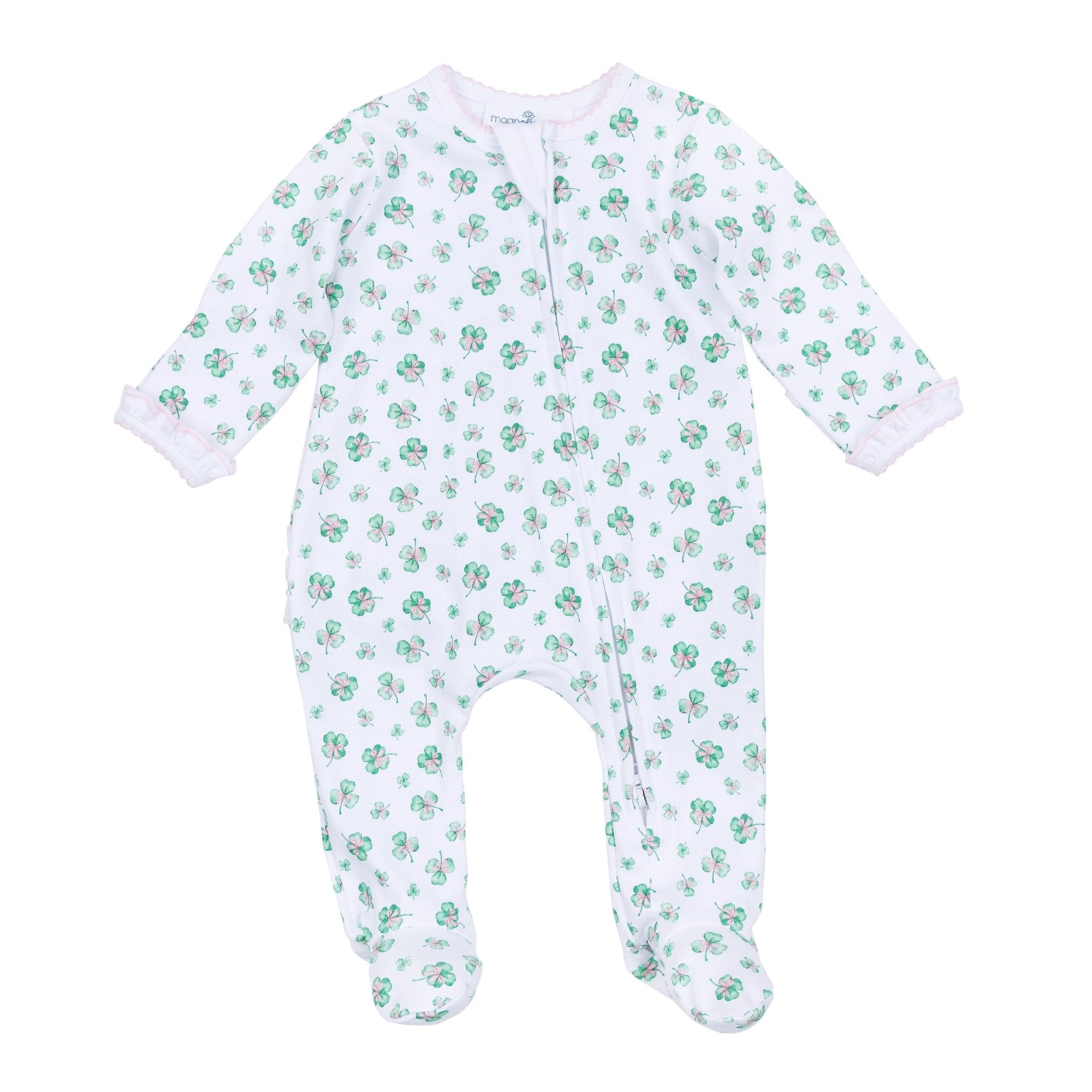 Lucky Little Ones Printed Ruffle Zip Footie - Pink - Magnolia BabyFootie