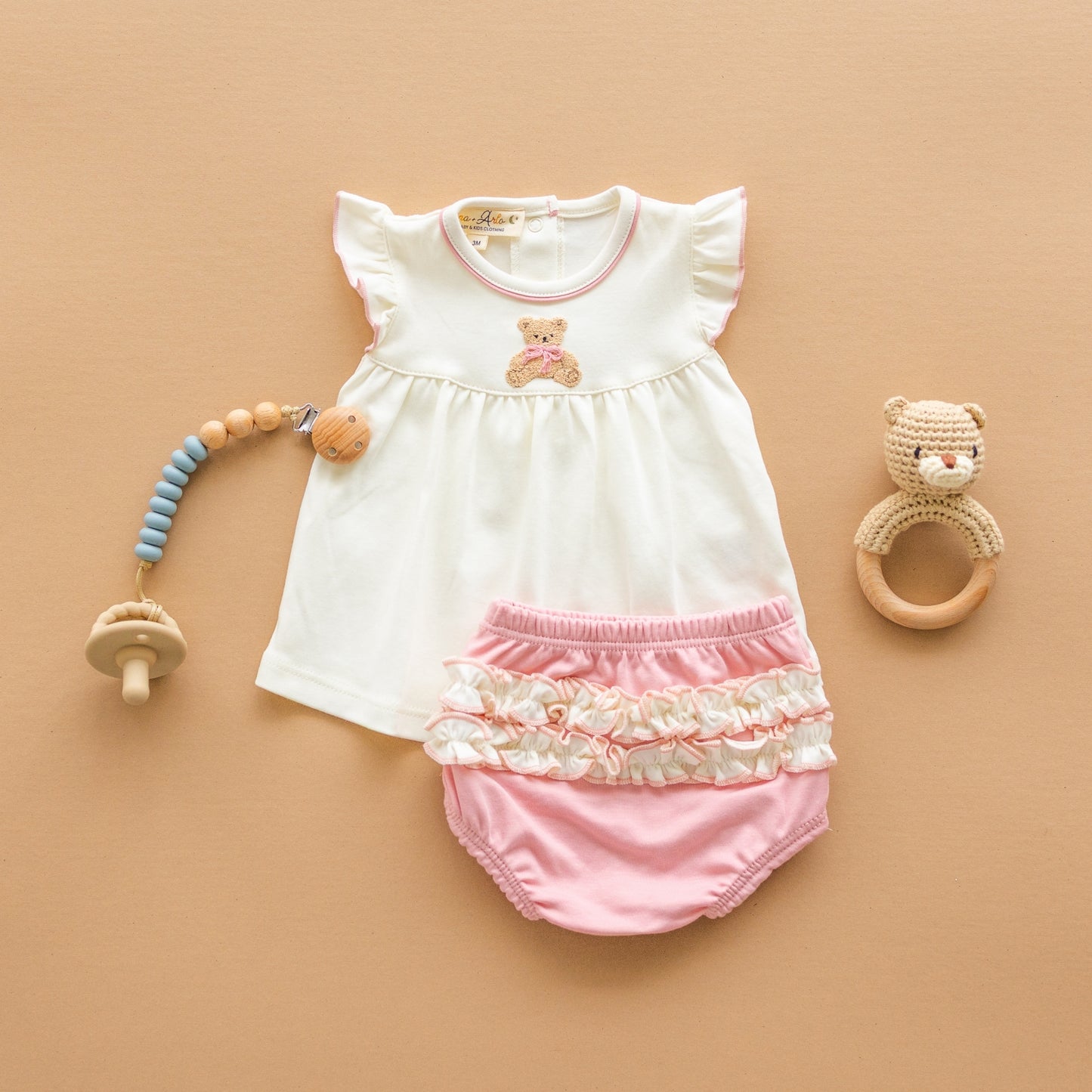 Bear Hugs Ruffle Diaper Cover Set - Dusty Rose