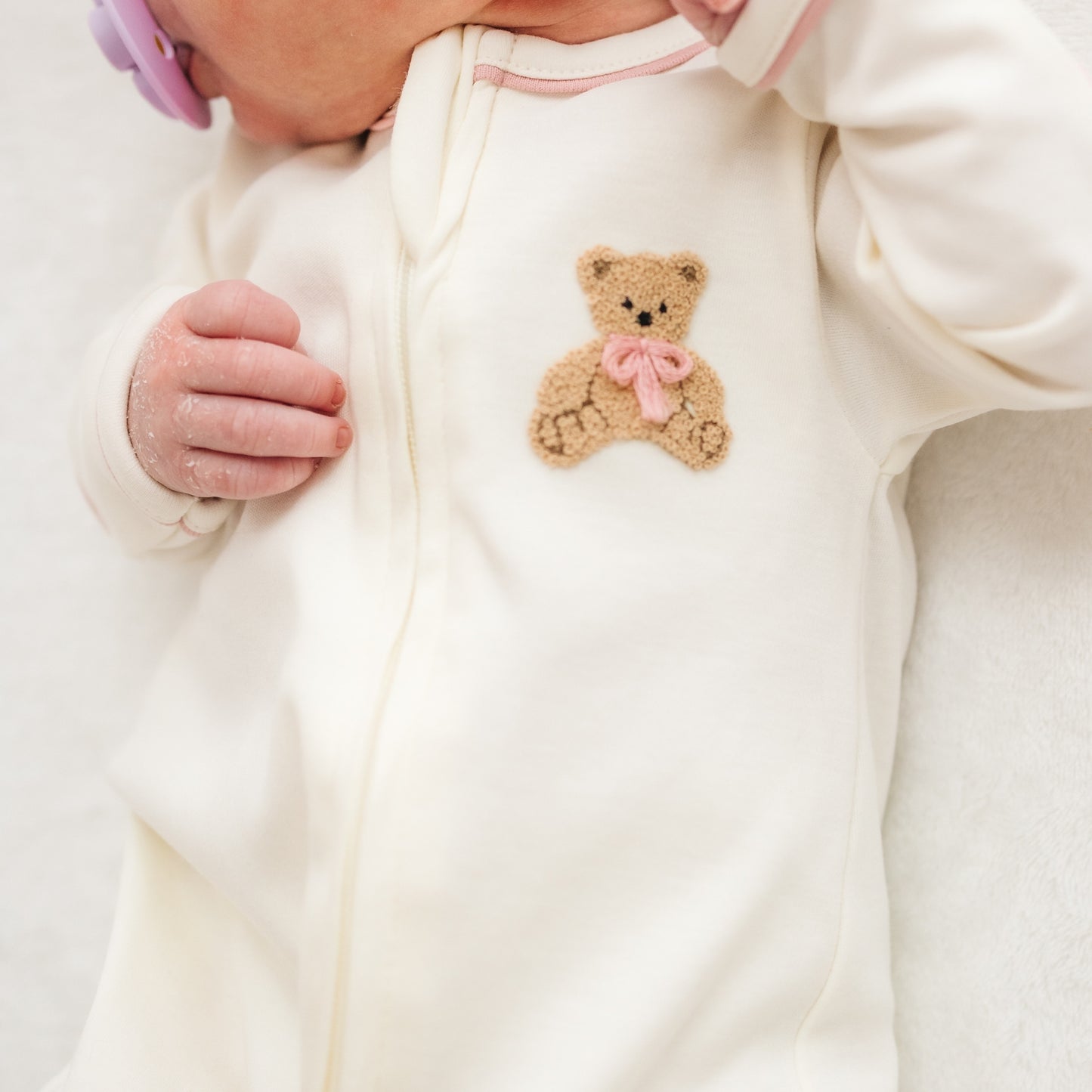 Bear Hugs Zip Footie - Dusty Rose