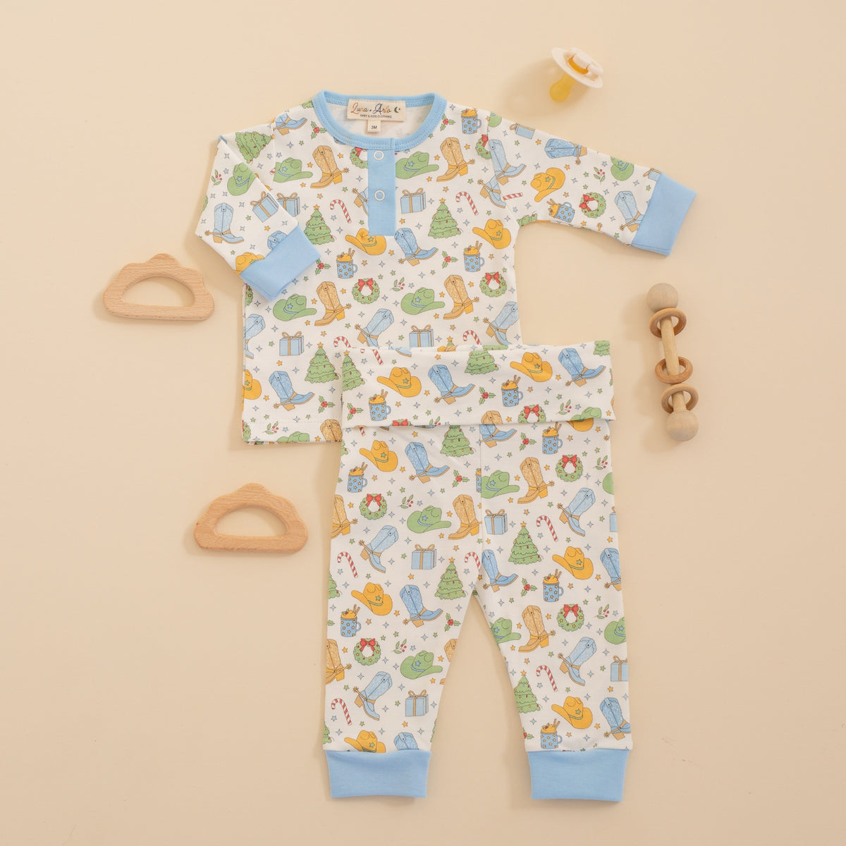 Cowboy Christmas Pant Set - Sky