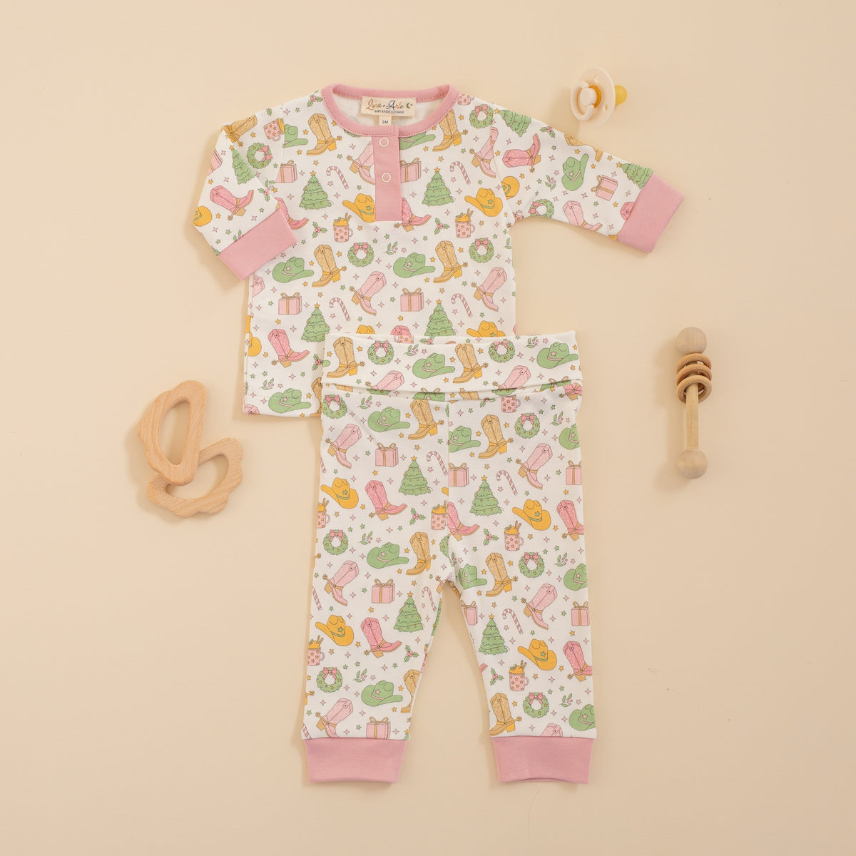 Cowboy Christmas Pant Set - Dusty Rose